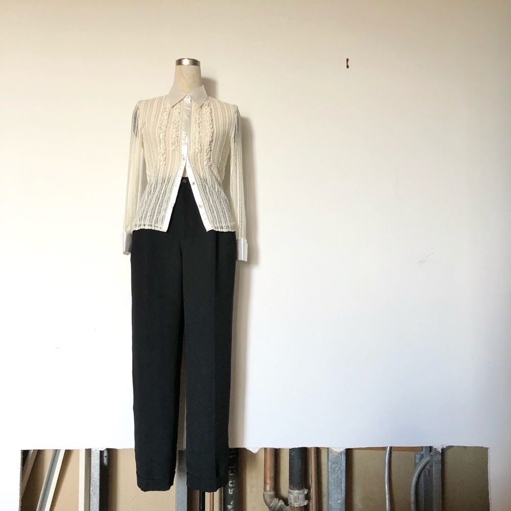 Adolfo - Vintage Satin Lace Button Down Blouse